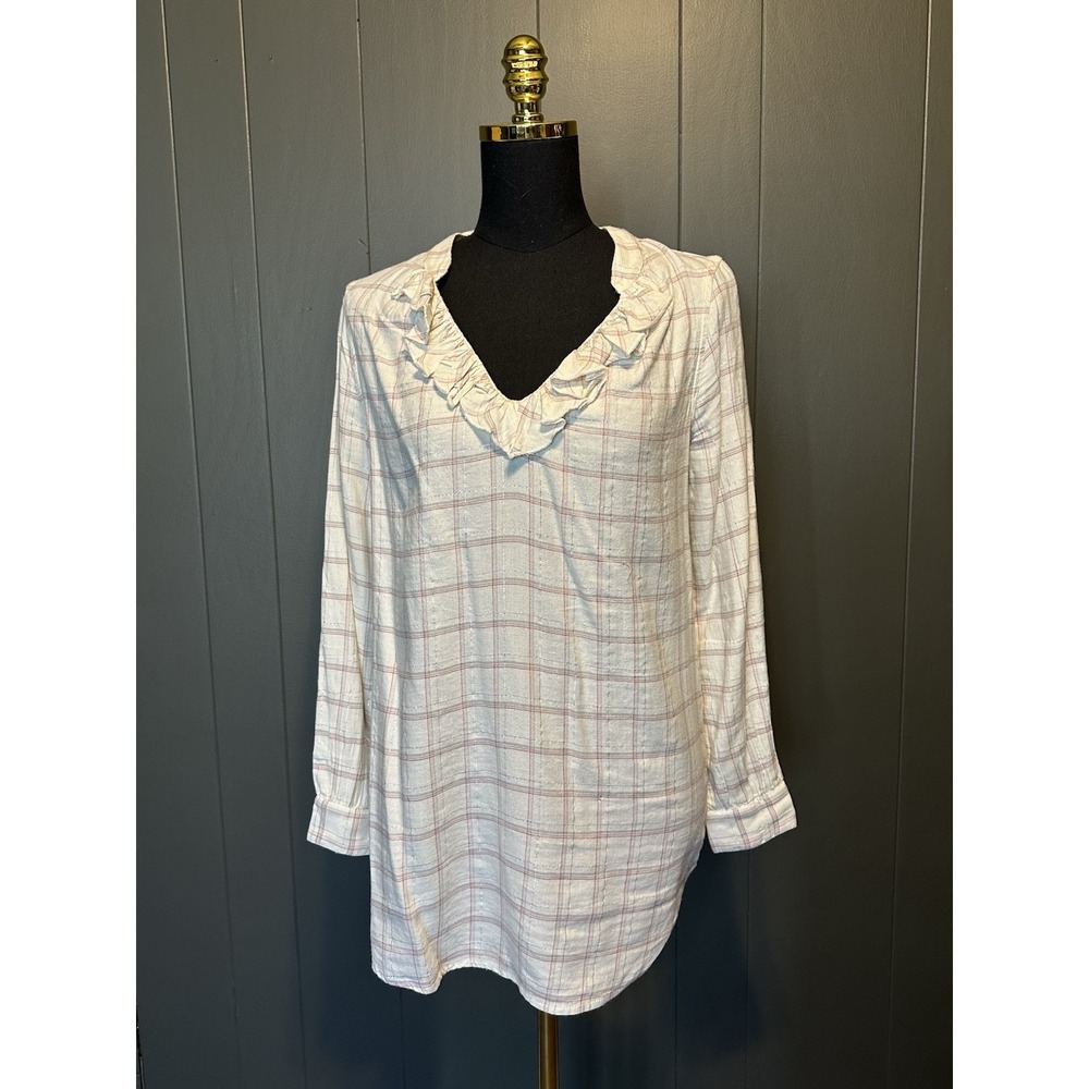 Aerie Gingham Plaid Night Shirt Dress Cream Metallic XS Extra Small